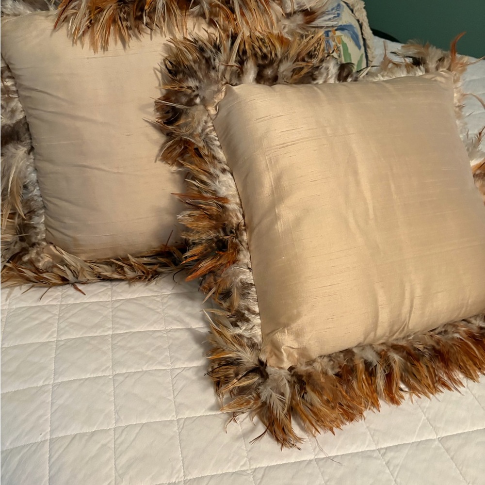Feather Trimmed Beige Throw Pillows